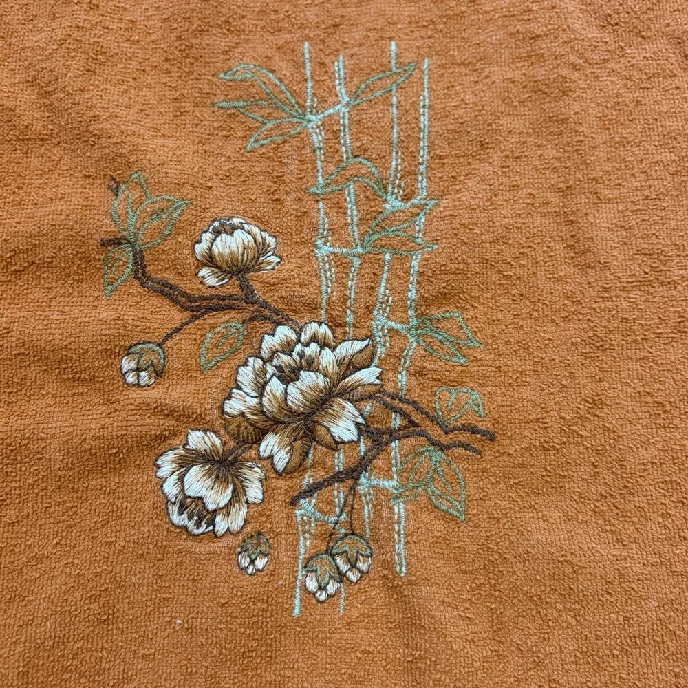 Vtg 1970s Cannon Hand Towel Fringe Embroidered Flowers MCM Orange Made USA